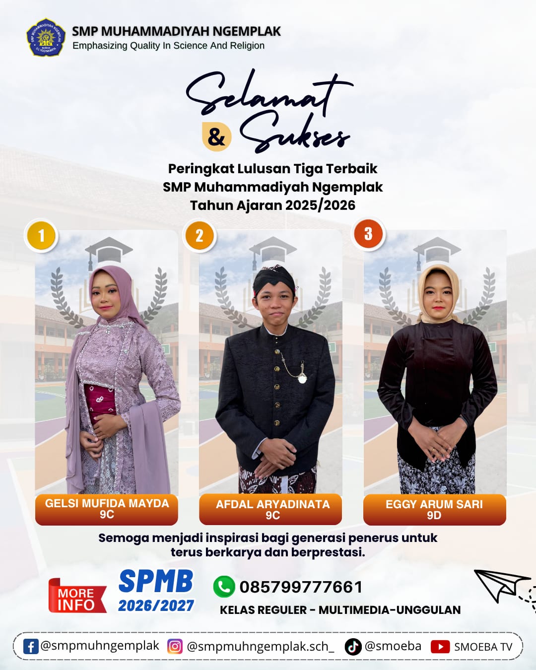 Tiga Murid Terbaik Raih Peringkat Kelulusan Tertinggi SMP Muhammadiyah Ngemplak Tahun Ajaran 2025/2026